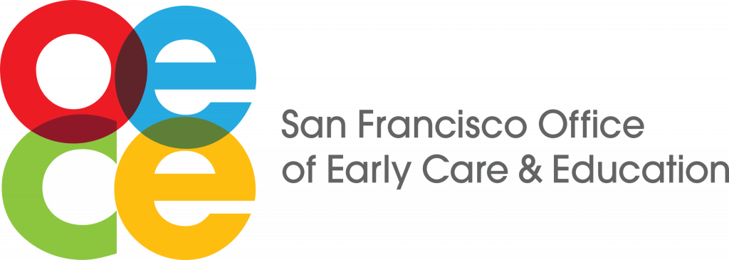 San Francisco Office of Early Care & Education is written in black text with it's logo" OECE" to the left. The 'O' is red, 'e' is blue, 'c' is green and 'e' is yellow. 