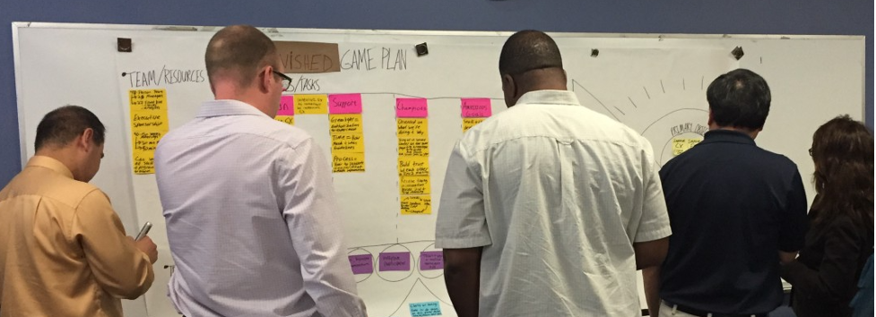A large, rectangular white board is in the background with "Game Plan" written at the top. Sticky notes are posted across it in pink and yellow. There are five people facing the Game Plan with their backs to us. The first appears to have a brown complexion, wearing a tan, long sleeve shirt. The second has a light colored complexion and is wearing glasses, a long-sleeved buttoned-down, light pink/purple shirt. The third person appears to have a darker complexion in a short-sleeved shit shirt. The fourth person's complexion is unclear, but is wearing a black, short-sleeved polo shirt. The fifth person appears to have long hair, glasses and a black-colored top.